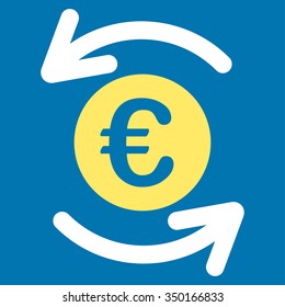 Refresh Euro Balance vector icon. Style is bicolor flat symbol, yellow and white colors, rounded angles, blue background.