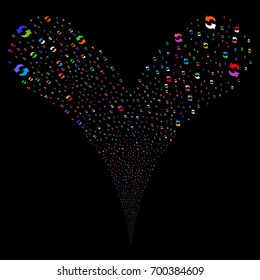 Refresh explosive stream. Vector illustration style is flat bright multicolored iconic refresh symbols on a black background. Object fountain constructed from random symbols.