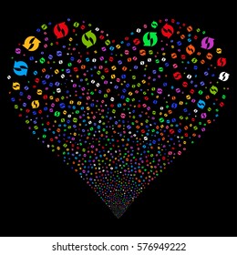 Refresh fireworks with heart shape. Vector illustration style is flat bright multicolored iconic symbols on a black background. Object salute made from scattered symbols.