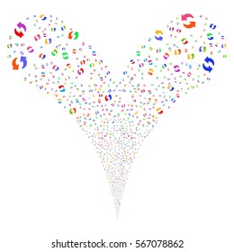 Refresh fireworks stream. Vector illustration style is flat bright multicolored iconic symbols on a white background. Object double fountain constructed from random pictograms.