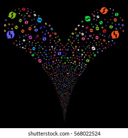Refresh fireworks stream. Vector illustration style is flat bright multicolored iconic symbols on a black background. Object double fountain made from random pictograms.