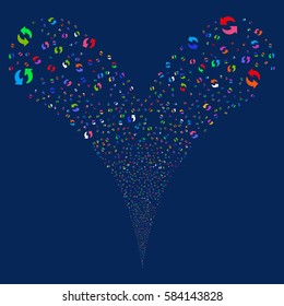 Refresh fireworks stream. Vector illustration style is flat bright multicolored iconic symbols on a blue background. Object double fountain made from random design elements.