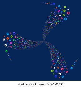 Refresh fireworks swirl rotation. Vector illustration style is flat bright multicolored iconic symbols on a blue background. Object whirl created from random pictographs.