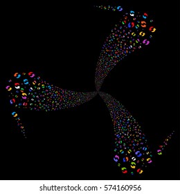 Refresh fireworks swirl rotation. Vector illustration style is flat bright multicolored iconic symbols on a black background. Object spiral created from random design elements.
