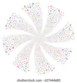 Refresh fireworks swirl rotation. Vector illustration style is flat bright multicolored iconic symbols on a white background. Object whirl made from random pictograms.