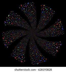 Refresh fireworks swirl rotation. Vector illustration style is flat bright multicolored iconic symbols on a black background. Object whirl done from random pictographs.
