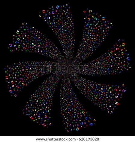 Refresh fireworks swirl rotation. Vector illustration style is flat bright multicolored iconic symbols on a black background. Object whirl done from random pictographs.