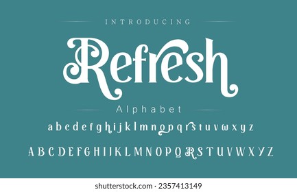 Refresh Font. Alphabet. Script. Typeface. Label .Vintage typeface. For labels and different type designs