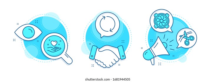 Actualizar, Retener el corazón y los iconos de la línea Tijeras. Iconos complejos de trato de manos, investigación y promoción. Signo del ventilador del equipo. Rotación, Amistad, Cinta de Corte. Ventilador Pc. Conjunto de negocios. Vector
