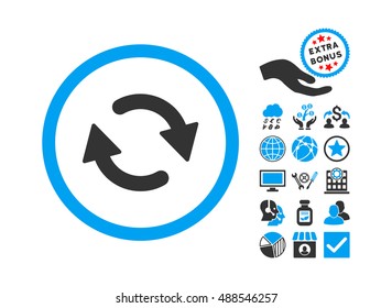 Refresh icon with bonus clip art. Vector illustration style is flat iconic bicolor symbols, blue and gray colors, white background.