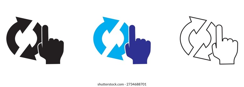 Icono de actualización de la ilustración del Hacer clic de mano. Sencilla Ilustración vectorial del cursor de la mano haciendo clic en los iconos de refresco en diferentes colores, simbolizando recarga, Actualizar, interacción y acciones de la interfaz de usuario.
