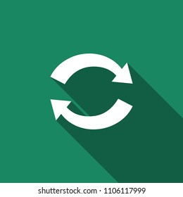 Refresh icon isolated with long shadow. Reload symbol. Rotation arrows in a circle sign. Flat design. Vector Illustration