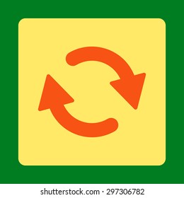 Refresh icon from Primitive Buttons OverColor Set. This rounded square flat button is drawn with orange and yellow colors on a green background.