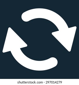 Refresh icon from Primitive Set. This isolated flat symbol is drawn with white color on a dark blue background, angles are rounded.