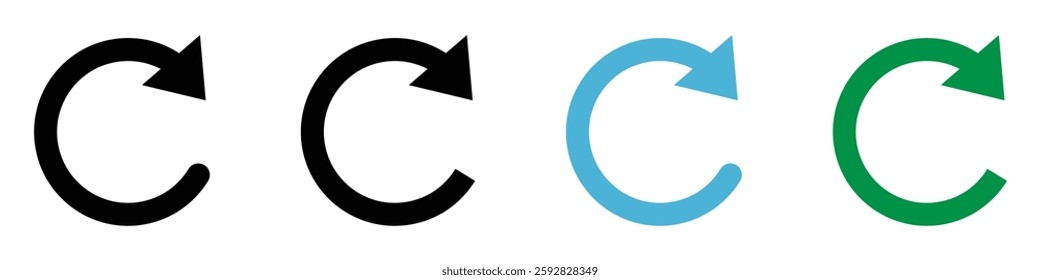 Refresh icon set with black, blue, and green circular arrow symbols representing reload, update, synchronization, and repetition concept. Reload icon. Repeat symbol. Reset signs.
