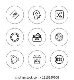 Refresh icon set. collection of 9 outline refresh icons with exchange, inbox, previous, rotation, recycling, refresh, shuffle icons. editable icons.