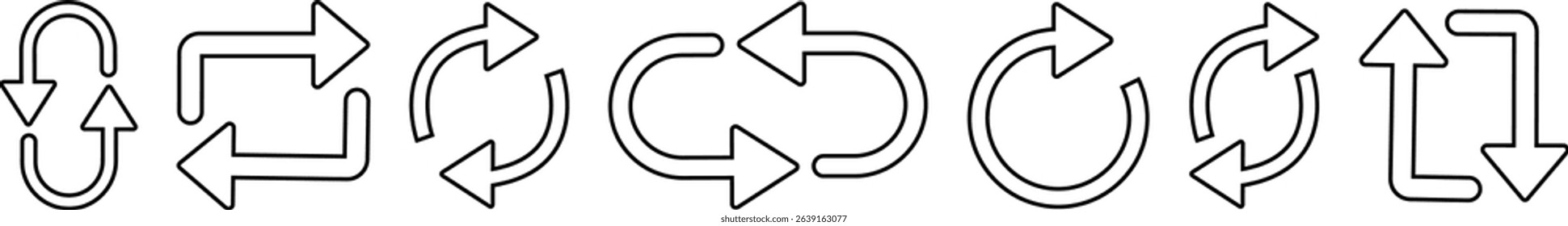 Refresh icon vector for apps or website. recycle, Repeat and reload symbol icons line set arrow rotation circle convert button sync glyph Update sign isolated on transparent background