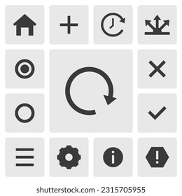 Refresh icon vector design. Simple set of smartphone app icons silhouette, solid black icon. Phone application icons concept. Refresh, reload, home, add, recent, share, menu, setting icons buttons