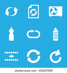 refresh icons set. Set of 9 refresh filled icons such as reload, update, reload replay, air conditioner, arrow