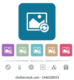 Refresh image white flat icons on color rounded square backgrounds. 6 bonus icons included