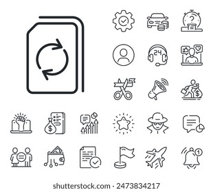 Signatur der Informationsdatei aktualisieren. Salaryman, Geschlechtergleichstellung und Alarmglocken-Umrisse. Symbol für aktualisiere Dokumentzeile. Papierseitenkonzeptsymbol. Aktualisieres Zeilenzeichen des Dokuments. Vektorgrafik