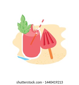 refresh juice in the beach with ice cream in stick