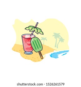 refresh juice in the beach with ice cream in stick vector illustration design