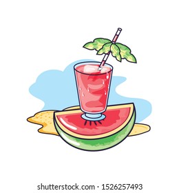 refresh juice in the beach with slice watermelon vector illustration design