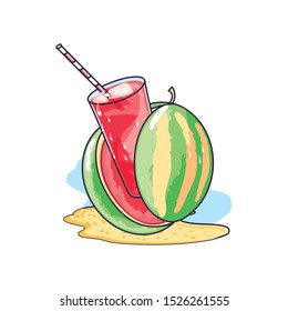 refresh juice in the beach with slice watermelon vector illustration design