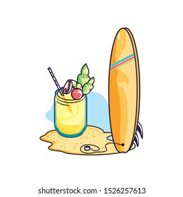 refresh juice in the beach with surfboard vector illustration design