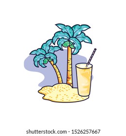 refresh juice in the beach with tropical palms vector illustration design
