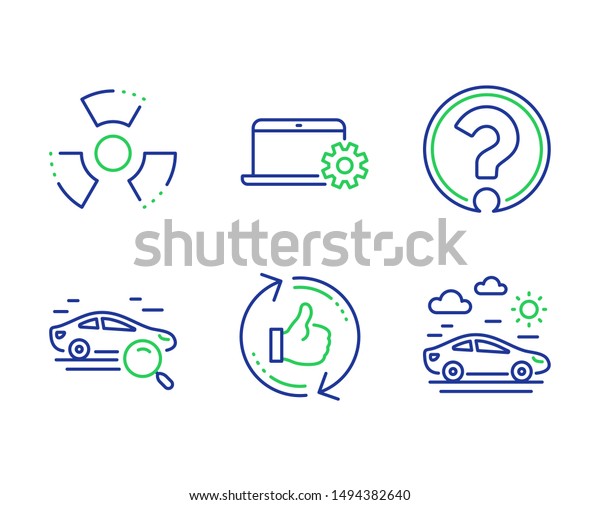 Refresh like, Question mark and Search car line\
icons set. Notebook service, Chemical hazard and Car travel signs.\
Thumbs up counter, Ask support, Find transport. Computer repair.\
Vector