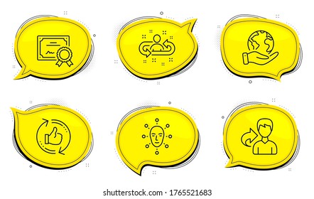 Refresh like sign. Diploma certificate, save planet chat bubbles. Face biometrics, Share and Recruitment line icons set. Facial recognition, Male user, Manager change. Thumbs up counter. Vector