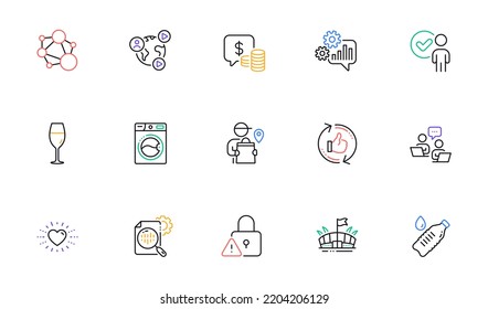 Refrescar como, iconos de la línea Wineglass y Teamwork para sitio web, imprimir. Colección de iconos de bloqueo, integridad, seo. Corazón, repartidor, elementos web de botellas de agua. Lavadora. Vector