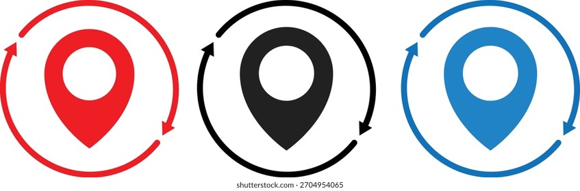 Actualizar conjunto de iconos de Locación. Iconos del Actualizar de posición del mapa. Símbolos de Actualizar y ciclo de mapa. Actualizar símbolo de posición. Volver a cargar el signo del mapa
