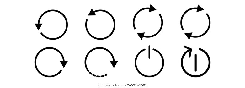 Refresh loop arrow symbol set for update reset reload process rotation control in minimal user interface vector icon illustration.