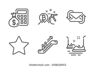 Refresh mail, Bitcoin mining and Finance calculator icons simple set. Escalator, Star and Bumper cars signs. New e-mail, Cryptocurrency pickaxe. Technology set. Line refresh mail icon. Editable stroke