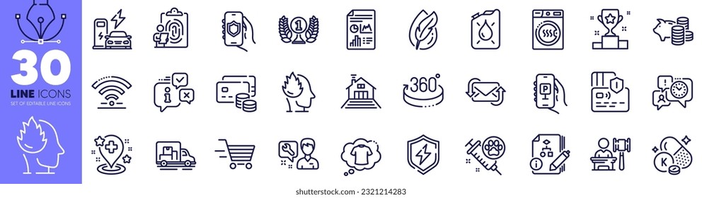 Refresh mail, Fingerprint and Security app line icons pack. Report document, Hypoallergenic tested, Hospital web icon. Dog vaccination, Repairman, Power safety pictogram. Piggy bank. Vector