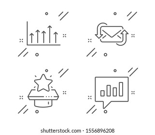 Refresh mail, Growth chart and Winner podium line icons set. Analytical chat sign. New e-mail, Upper arrows, First place. Communication speech bubble. Education set. Vector