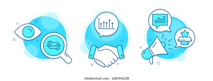 Refresh mail, Growth chart and Winner podium line icons set. Handshake deal, research and promotion complex icons. Analytical chat sign. New e-mail, Upper arrows, First place. Vector