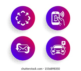 Refresh mail, Maximize and Bitcoin pay icons simple set. Halftone dots button. Parking sign. New e-mail, Full screen, Mobile payment. Car park. Technology set. Classic flat refresh mail icon. Vector