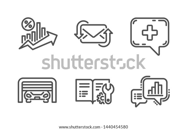 Refresh mail, Medical chat and Loan percent icons\
simple set. Parking garage, Engineering documentation and Graph\
chart signs. New e-mail, Medicine help. Line refresh mail icon.\
Editable stroke
