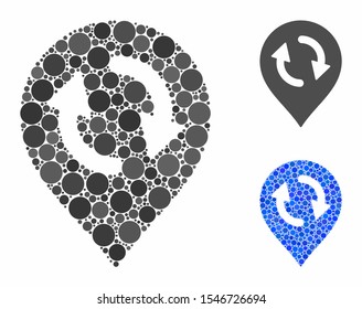 Refresh map marker composition of spheric dots in variable sizes and color tones, based on refresh map marker icon. Vector round dots are grouped into blue composition.