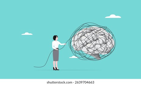 refresh the mind, eliminate complexity in the mind or brain, business woman removes the messy lines in the human brain to refresh the mind