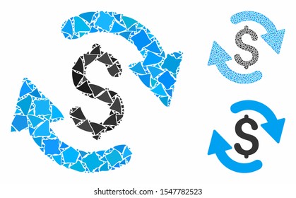 Refresh money balance mosaic of humpy pieces in various sizes and color hues, based on refresh money balance icon. Vector ragged pieces are composed into mosaic.