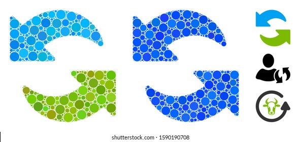 Refresh mosaic of small circles in variable sizes and color tints, based on refresh icon. Vector small circles are composed into blue composition. Dotted refresh icon in usual and blue versions.