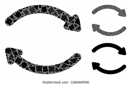 Refresh mosaic of unequal elements in variable sizes and color hues, based on refresh icon. Vector unequal items are united into mosaic. Refresh icons collage with dotted pattern.