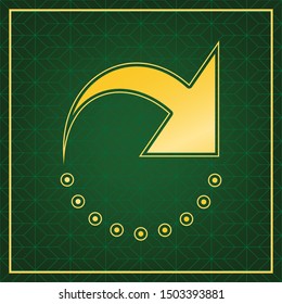 Refresh motion arrow sign. Golden icon with gold contour at dark green gridded white background. Illustration.