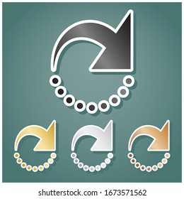 Refresh motion arrow sign. Set of metallic Icons with gray, gold, silver and bronze gradient with white contour and shadow at viridan background. Illustration.