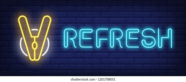 Refresh neon sign. Clothes pin on brick background. Laundry, cleaning service, housework. Night bright advertisement. Vector illustration in neon style for service, hygiene, housekeeping